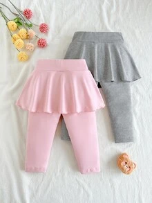 SHEIN 幼女公主風粉色淺灰色熊圖案拼接荷葉邊喇叭裙褲 1歲生日秋季芭蕾大姊姊可愛女寶 - 彩色 - 查看 3
