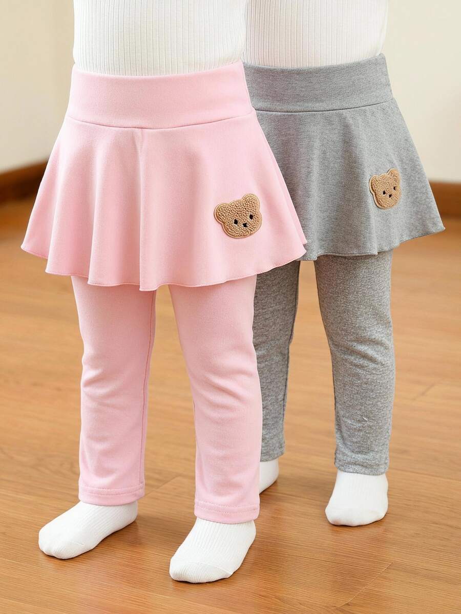 SHEIN 幼女公主風粉色淺灰色熊圖案拼接荷葉邊喇叭裙褲 1歲生日秋季芭蕾大姊姊可愛女寶