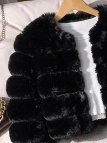 SHEIN Kids Tween Girl Soft Elegant Tween Girl Long Sleeve Cropped Faux Fur Coat, Suitable For Autumn/Winter - Black - View 5