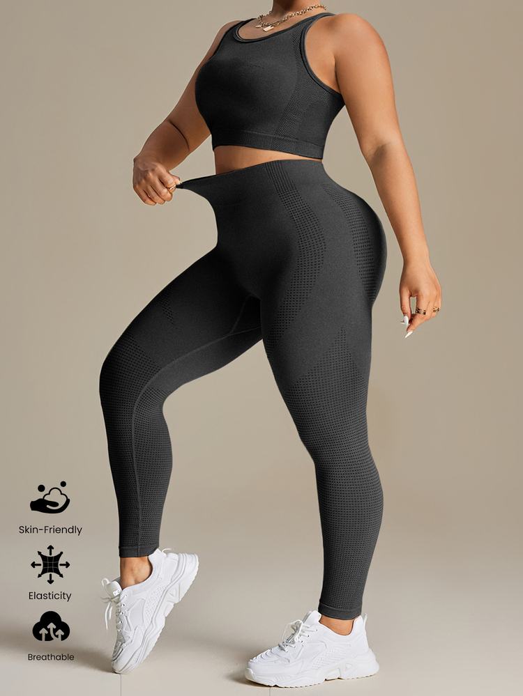 SHEIN Rhythm Era Plus Size Women Solid Color Cropped Tank Top And Leggings Seamless Sport Set Workout Women Sets Gym Sports Black Summer - Grey - View 6