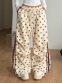 Coolane 女款夏季外出日常穿著運動休閒風可愛棕色波點降落傘褲，寬腿運動長褲，秋季女裝穿搭 - 彩色 - 查看 6
