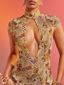 Abstract Floral Animal Print Lace Mesh Dress Vacation Dress - Multicolor - View 2