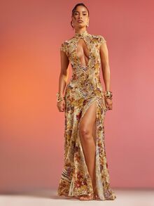 Abstract Floral Animal Print Lace Mesh Dress Vacation Dress - Multicolor - View 4