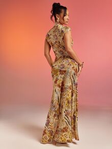 Abstract Floral Animal Print Lace Mesh Dress Vacation Dress - Multicolor - View 3