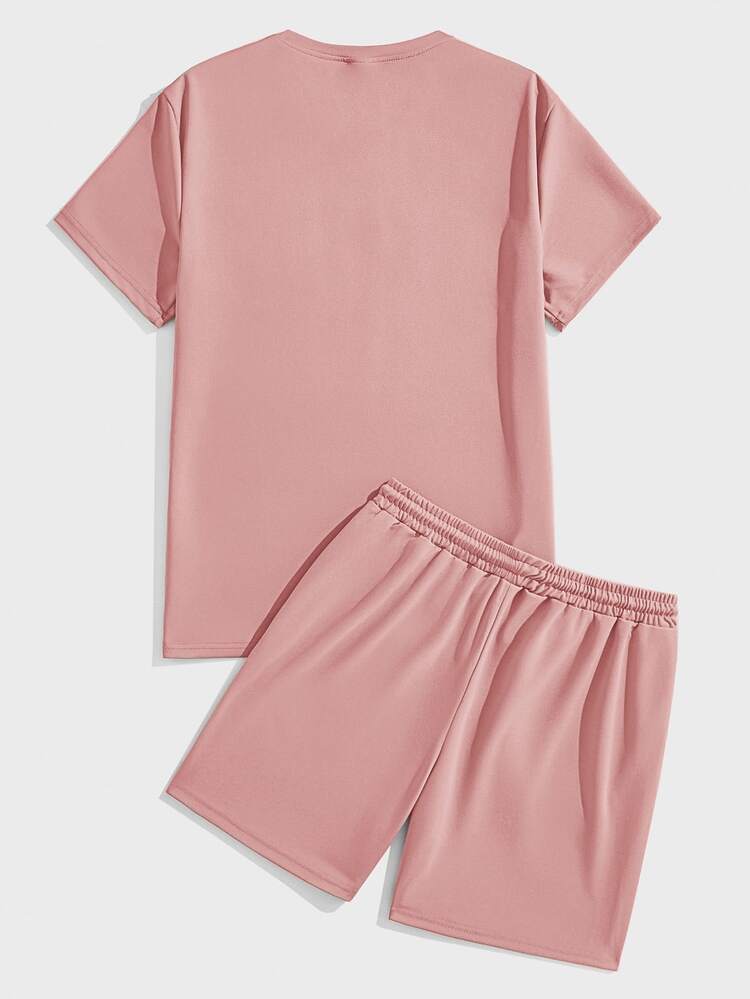 Manfinity Joysei 2pcs/Set Men's Standard 3D Letter Printed Pink T-Shirt And Shorts, Cozy Outfits - Pink - View 4