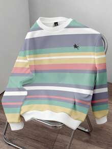 Manfinity Joysei Sudadera con cuello redondo de hombre con rayas de colores y logotipo pequeño, adecuada para otoño/invierno, escuela, salidas, regalos para amigos - Multicolor - Ver 3