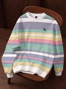 Manfinity Joysei Sudadera con cuello redondo de hombre con rayas de colores y logotipo pequeño, adecuada para otoño/invierno, escuela, salidas, regalos para amigos - Multicolor - Ver 1