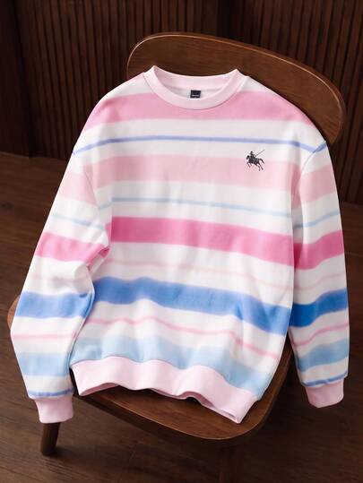 Manfinity Joysei Dopamine Striped Small Logo Pullover Pullover Sweatshirt For Men, Fashionable Pink Sweatshirt, Suitable For Autumn/Winter, Friend Gift, Unisex