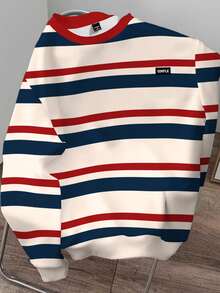 Manfinity Joysei Multicolor Striped Round Neck Pullover Sweatshirt For Men, Knitted Fabric Long Sleeve Casual Preppy Style Patched Design Regular Fit Sweatshirt, Fall - Multicolor - View 5