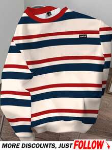 Manfinity Joysei Multicolor Striped Round Neck Pullover Sweatshirt For Men, Knitted Fabric Long Sleeve Casual Preppy Style Patched Design Regular Fit Sweatshirt, Fall - Multicolor - View 3