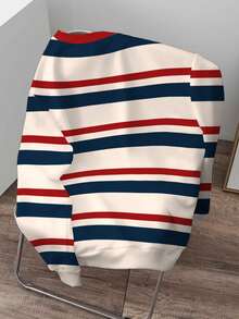 Manfinity Joysei Multicolor Striped Round Neck Pullover Sweatshirt For Men, Knitted Fabric Long Sleeve Casual Preppy Style Patched Design Regular Fit Sweatshirt, Fall - Multicolor - View 2