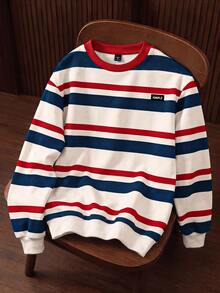 Manfinity Joysei Multicolor Striped Round Neck Pullover Sweatshirt For Men, Knitted Fabric Long Sleeve Casual Preppy Style Patched Design Regular Fit Sweatshirt, Fall - Multicolor - View 1