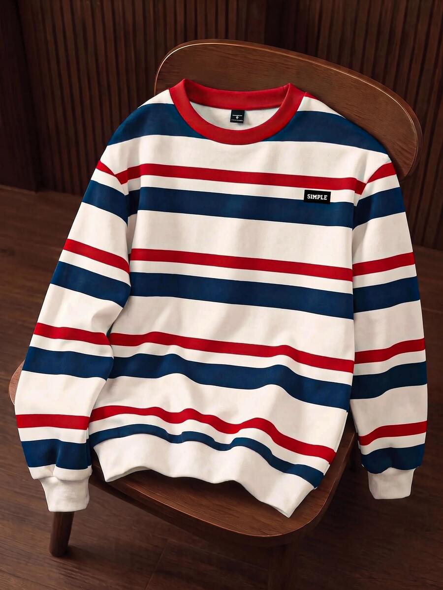 Manfinity Joysei Multicolor Striped Round Neck Pullover Sweatshirt For Men, Knitted Fabric Long Sleeve Casual Preppy Style Patched Design Regular Fit Sweatshirt, Fall - Multicolor - View 1