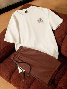 Daypath Men's Slim Fit Apricot Knit Top And Brown Woven Shorts Set, Coconut Tree Print Design - Brown - View 1