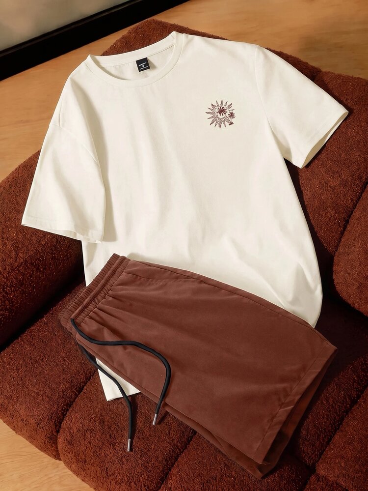 Daypath Men's Slim Fit Apricot Knit Top And Brown Woven Shorts Set, Coconut Tree Print Design - Brown - View 1