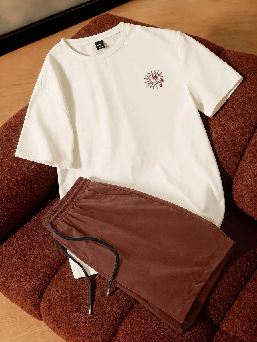 Daypath Men's Slim Fit Apricot Knit Top And Brown Woven Shorts Set, Coconut Tree Print Design - Brown - View 1