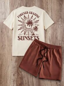 Daypath Men's Slim Fit Apricot Knit Top And Brown Woven Shorts Set, Coconut Tree Print Design - Brown - View 7