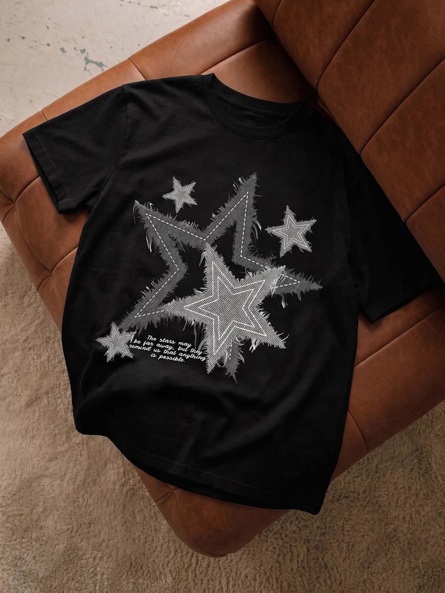 Daypath Men's Retro Star Pattern T-Shirt, Men's Graphic Tee, Emo, 2000s Style - Black - View 1