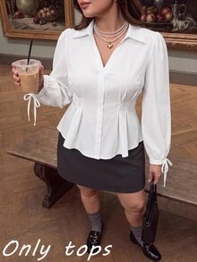 SHEIN MOD 大尺碼女款優雅白色秋季辦公正式工作長袖襯衫，修身腰部泡泡袖上衣，休閒繫帶專業蝴蝶結秋季白色 - 白色 - 查看 5