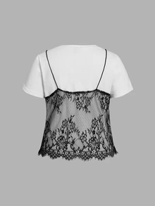 SHEIN MOD Plus Size White 2 In 1 Lace Contrast Round Neck Short T-Shirt, For Summer Office Concert Business Casual Going Out Tops Homecoming Fall/Summer - Black and White - View 3