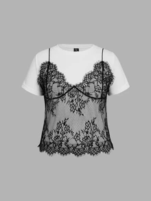 SHEIN MOD Plus Size White 2 In 1 Lace Contrast Round Neck Short T-Shirt, For Summer Office Concert Business Casual Going Out Tops Homecoming Fall/Summer - Black and White - View 2