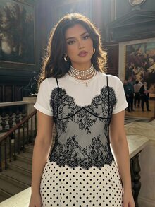 SHEIN MOD Plus Size White 2 In 1 Lace Contrast Round Neck Short T-Shirt, For Summer Office Concert Business Casual Going Out Tops Homecoming Fall/Summer - Black and White - View 7