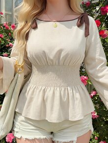 SHEIN MOD 大尺碼女款米色優雅百搭綁帶袖口荷葉邊下擺長袖襯衫，適合返校、外出、度假、鄉村音樂會秋季穿搭 - 杏色 - 查看 8