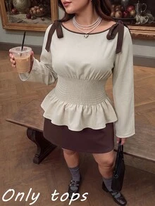 SHEIN MOD 大尺碼女款米色優雅百搭綁帶袖口荷葉邊下擺長袖襯衫，適合返校、外出、度假、鄉村音樂會秋季穿搭 - 杏色 - 查看 11
