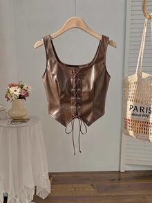 SHEIN MOD Plus Size Women's Brown Eyelet Buttons Asymmetrical Hem Front Tie Matte Premium Leather Tank Top,Tank Top Wearable Inside And Outside Fall/Summer - Brown - View 7