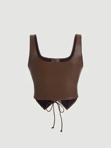SHEIN MOD Plus Size Women's Brown Eyelet Buttons Asymmetrical Hem Front Tie Matte Premium Leather Tank Top,Tank Top Wearable Inside And Outside Fall/Summer - Brown - View 3