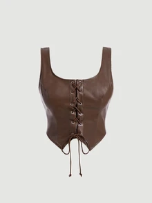 SHEIN MOD Plus Size Women's Brown Eyelet Buttons Asymmetrical Hem Front Tie Matte Premium Leather Tank Top,Tank Top Wearable Inside And Outside Fall/Summer - Brown - View 2