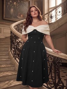 SHEIN MOD 大尺碼女款黑白拼接蝴蝶結仿珍珠優雅露肩中長洋裝，夏季婚禮賓客、復古派對晚餐正式穿搭 - 黑與白 - 查看 14