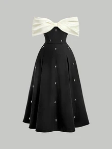 SHEIN MOD 大尺碼女款黑白拼接蝴蝶結仿珍珠優雅露肩中長洋裝，夏季婚禮賓客、復古派對晚餐正式穿搭 - 黑與白 - 查看 2