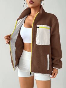 Exploreva Exploreva Women's Contrast Color Casual Zip-Up Long Sleeve Sports Jacket - Coffee Brown - View 5