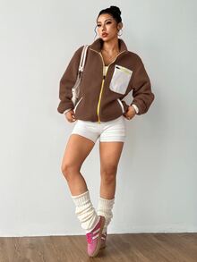 Exploreva Exploreva Women's Contrast Color Casual Zip-Up Long Sleeve Sports Jacket - Coffee Brown - View 8