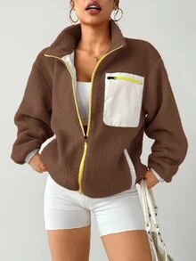 Exploreva Exploreva Women's Contrast Color Casual Zip-Up Long Sleeve Sports Jacket - Coffee Brown - View 7