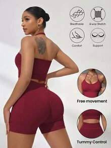 SHEIN 女款素色掛脖上衣與短褲休閒日常運動套裝 - 酒紅色 - 查看 1