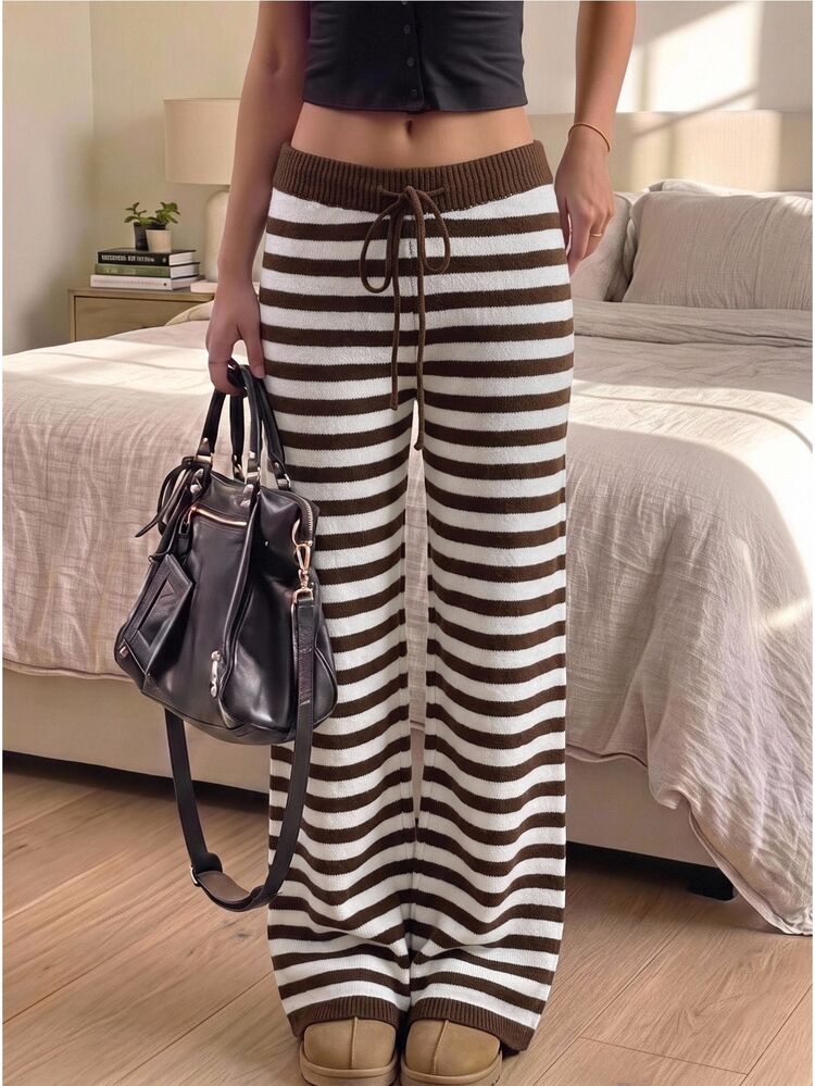 CovetEZ Pantalones largos de punto casuales y versátiles para uso diario con cintura con cordón y diseño a rayas y bloques de color para mujer - Marrón - Añade 5
