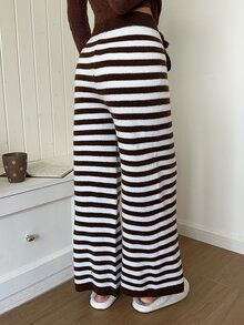 CovetEZ 女款抽繩腰條紋拼接休閒百搭日常針織長褲 - 棕色 - 查看 7