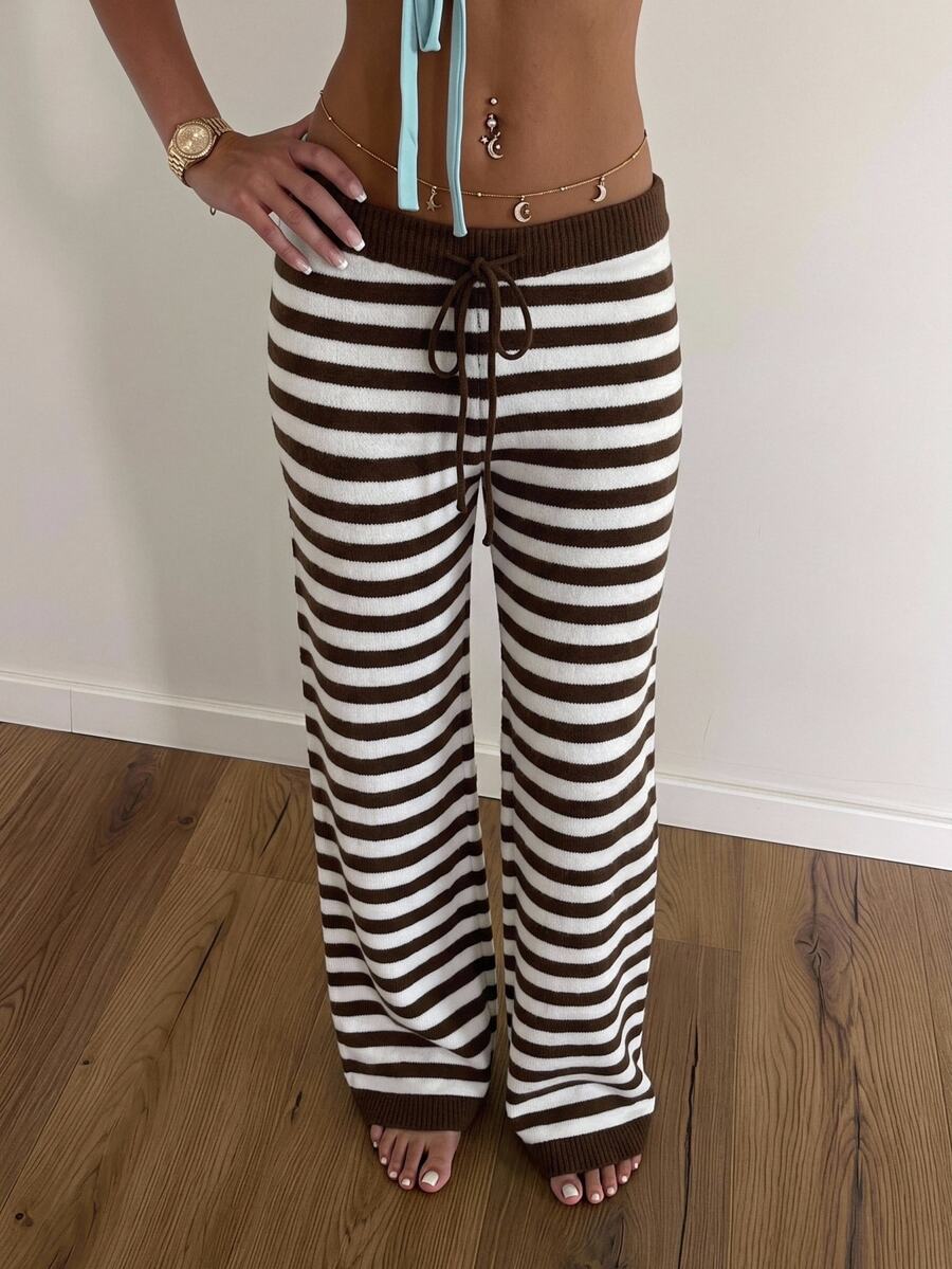 CovetEZ Women's Drawstring Waist Striped Colorblock Casual Versatile Daily Knit Long Pants - Brown - View 1