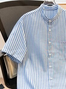 Daypath Men's Stripe Printed Patch Pocket Front Button Casual Short Sleeve Shirt - Blue - View 4