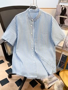 Daypath Men's Stripe Printed Patch Pocket Front Button Casual Short Sleeve Shirt - Blue - View 7