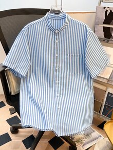 Daypath Men's Stripe Printed Patch Pocket Front Button Casual Short Sleeve Shirt - Blue - View 3