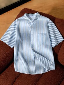 Daypath Men's Stripe Printed Patch Pocket Front Button Casual Short Sleeve Shirt - Blue - View 1