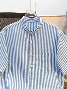 Daypath Men's Stripe Printed Patch Pocket Front Button Casual Short Sleeve Shirt - Blue - View 5
