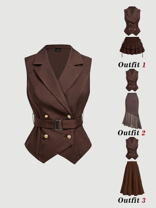SHEIN MOD Women's Stylish Sleeveless Double Breasted Blazer Vest With Belt Elegant Brown Suit Top,Blazers For Women Casual,Suits, Blazers, Jackets
