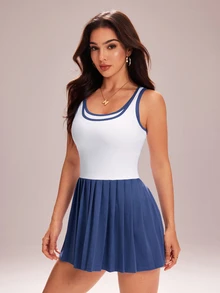 CourtClass CourtClass Women's Fashion Minimalist Contrast Color Yoga Sports Pleated Skort - White - View 6