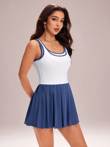 CourtClass CourtClass Women's Fashion Minimalist Contrast Color Yoga Sports Pleated Skort - White - View 8