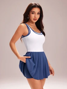 CourtClass CourtClass Women's Fashion Minimalist Contrast Color Yoga Sports Pleated Skort - White - View 9