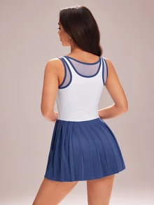 CourtClass CourtClass Women's Fashion Minimalist Contrast Color Yoga Sports Pleated Skort - White - View 5